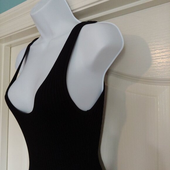 Allfenix Black Ribbed Low V-Neck Bodycon Goth Maxi Dress Small - Picture 7 of 10